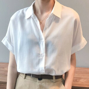 天絲亞麻薄款垂感短袖女設計感小眾襯衫夏季白色港風洋氣