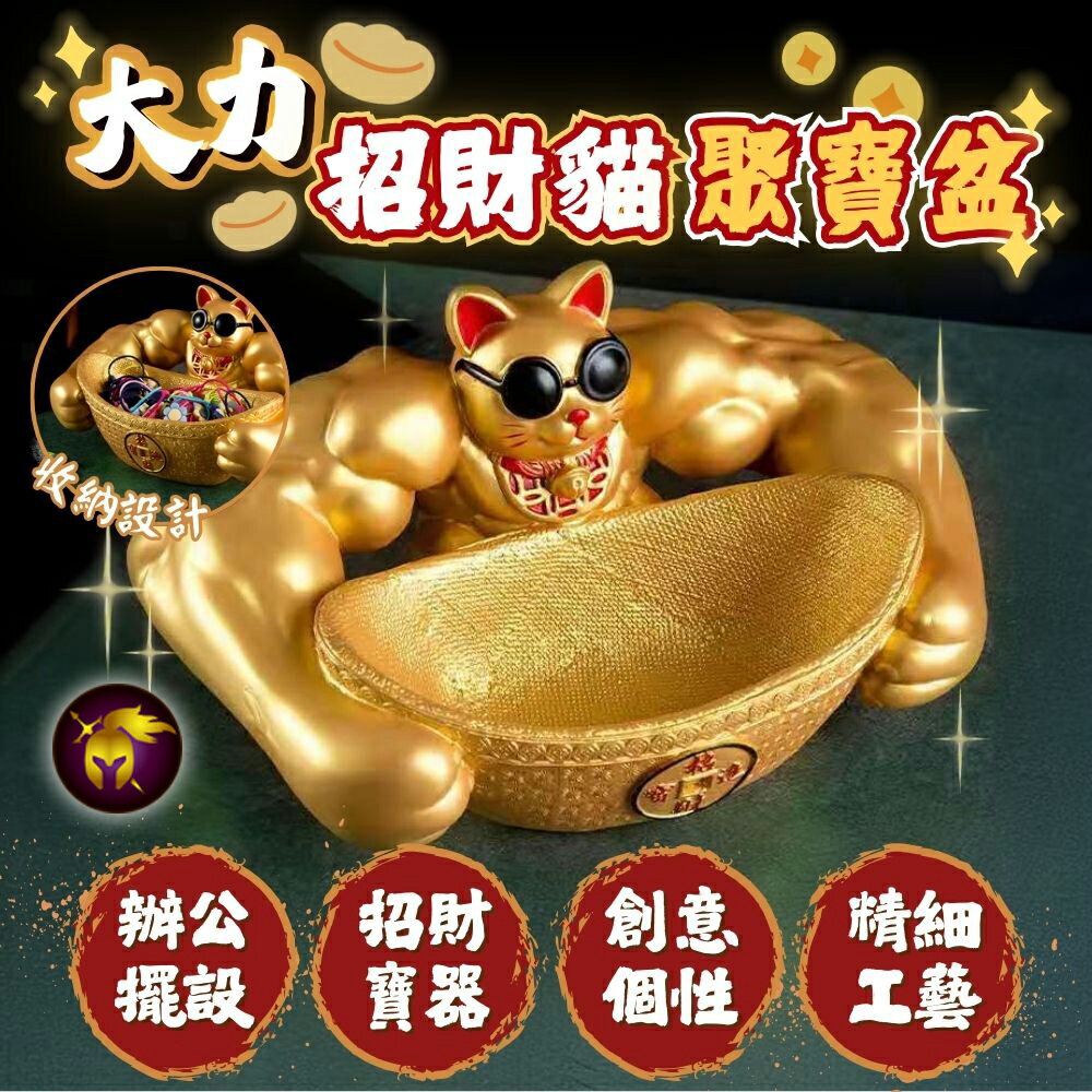 【大力招財】招財貓 聚寶盆 招財擺飾 招財擺件 大力招財貓 肌肉財神 招財聚寶盆 金色招財貓 風水聚寶盆 紫龍騎士