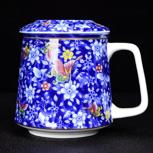 琺瑯彩陶瓷中式白瓷咖啡杯馬克杯帶蓋過濾茶杯花茶杯美式茶具水杯1入