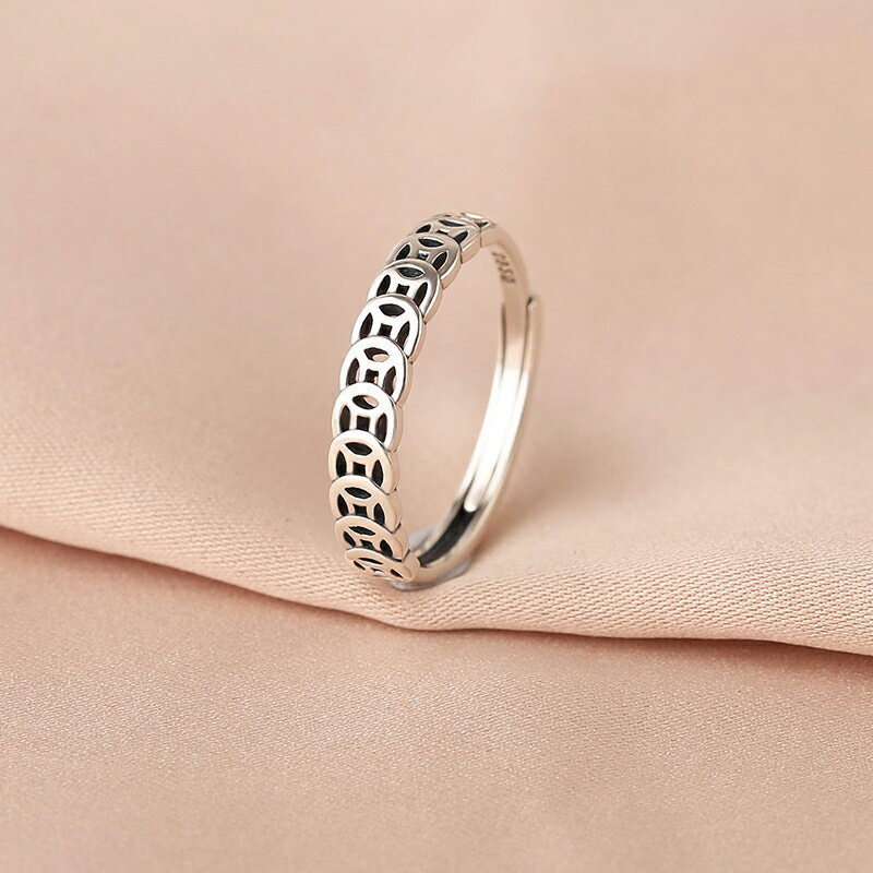 s925純銀復古錢幣戒指女小眾設計個性簡約活口招財轉運食指指環潮