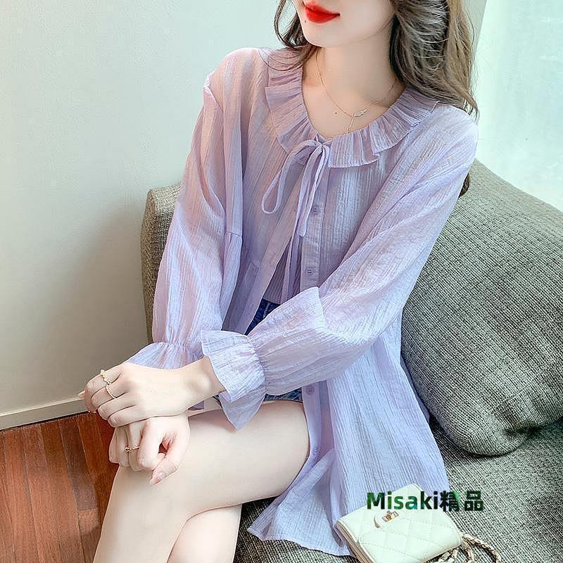 夏季 新款 素色 薄款 防曬衣 襯衫 時尚 女士 圓領 蝴蝶結 中長款 上衣-Misaki精品