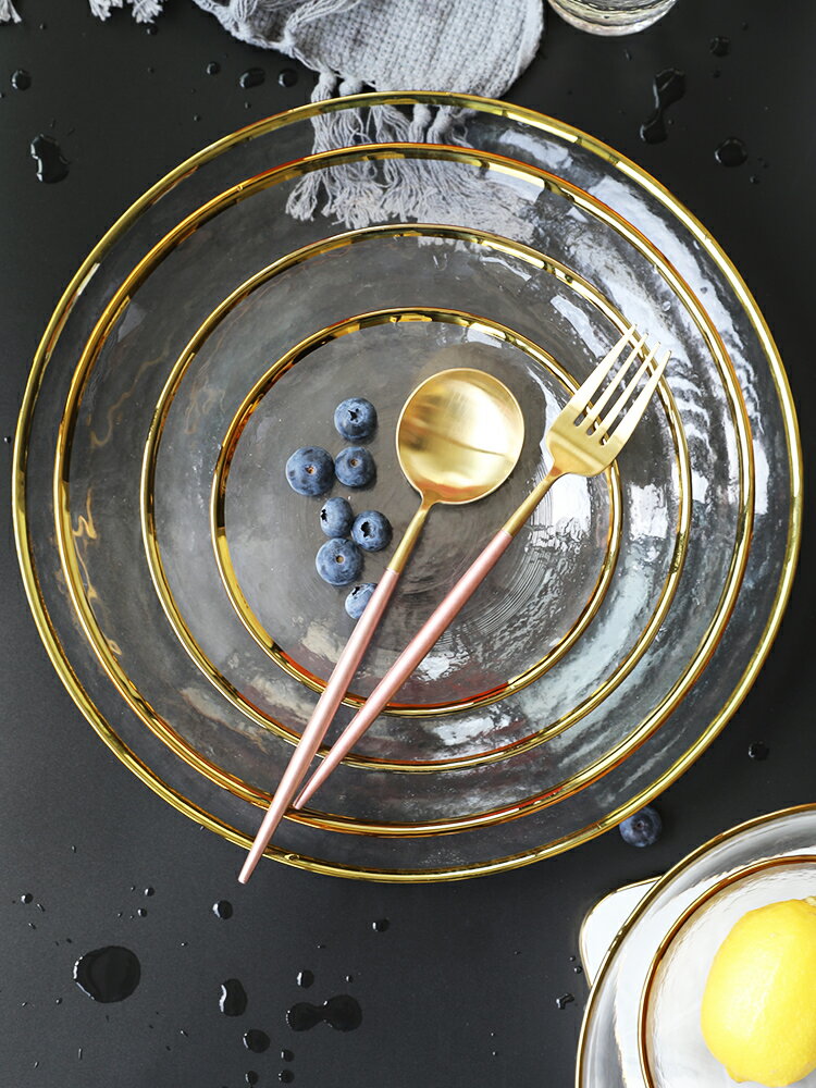 金邊玻璃盤透明錘紋甜品水果碗北歐沙拉碗水果盤家用創意簡約盤子