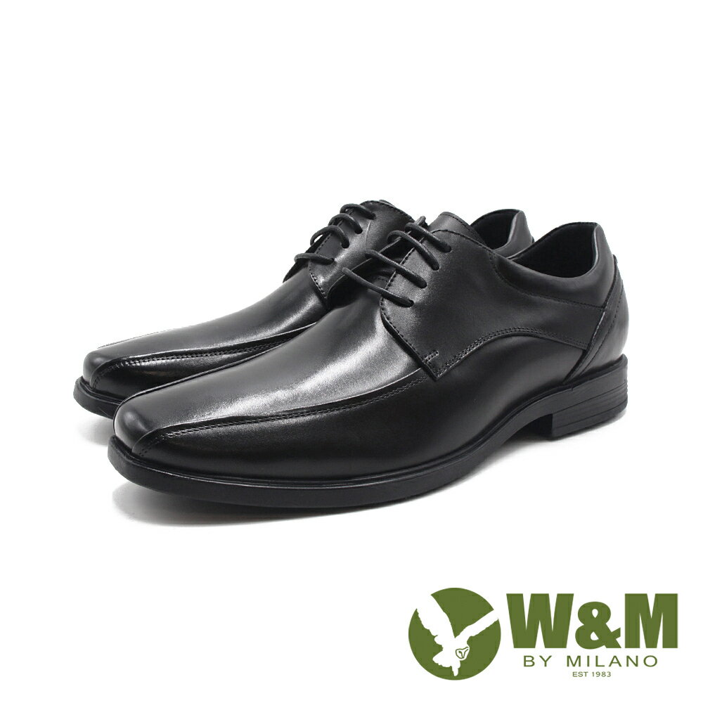 W&M(男)圓方頭雙線條綁帶款皮鞋 男鞋－黑色