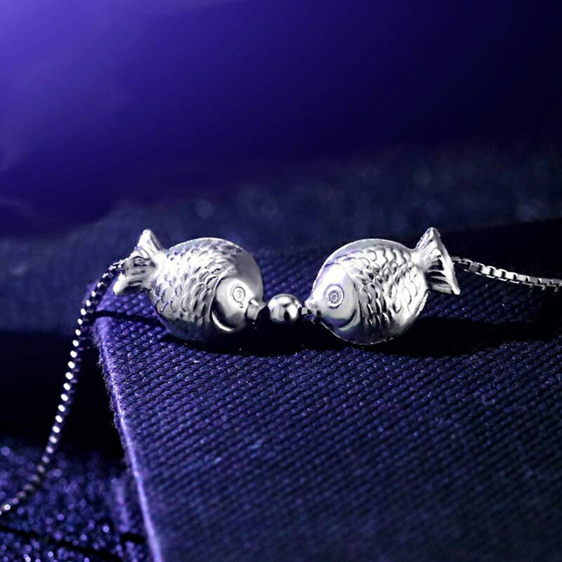 現貨+預購925純銀項鍊雙魚吊墜-接吻魚拋光圓珠七夕情人節生日聖誕節