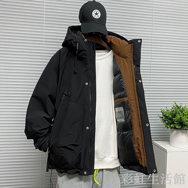 多口袋沖鋒衣羽絨服男寬松連帽潮牌防風保暖冬天外套短款鴨絨上衣