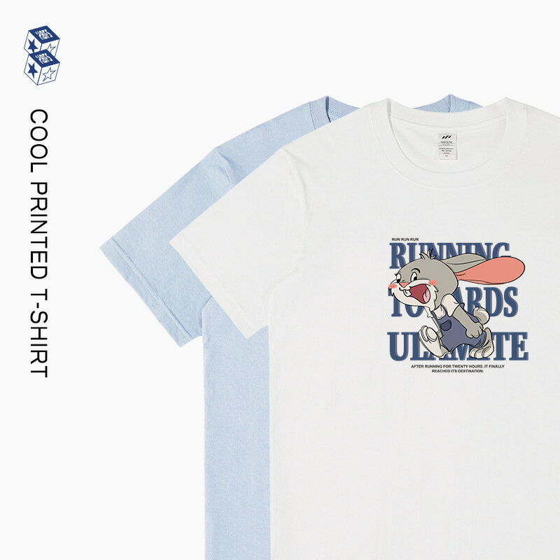 【喜挖】日系卡通印花短袖T恤男寬鬆潮牌夏季ins兔子情侶休閒半袖體恤上衣