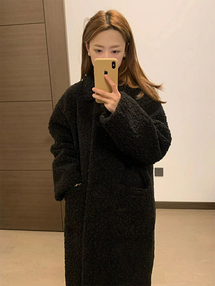 冬季長款皮毛一體羊羔毛外套女黑色顯瘦毛毛大衣羊羔絨環保皮草【淘夢屋】