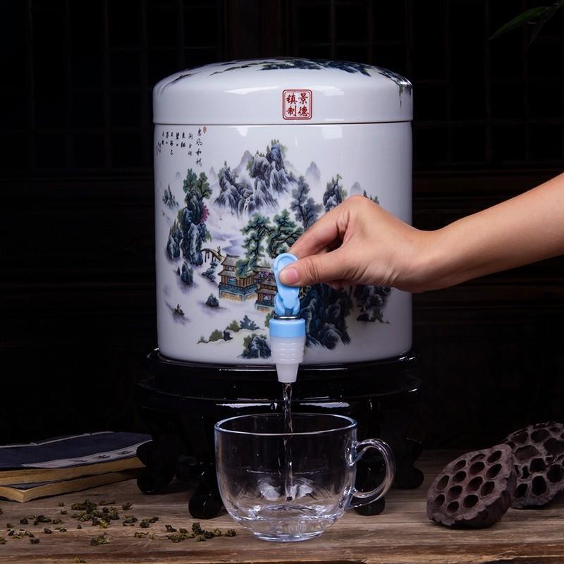 陶瓷過濾水缸涼水壺家用大號冷水壺帶龍頭儲水罐瓷水桶大容量帶蓋