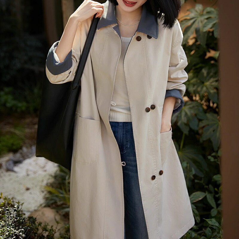 【巴黎精品】現貨+預購 頂級法式風衣外套長版大衣外套寬鬆大碼百搭休閒女裝-質感拼接領女外套a1LL34