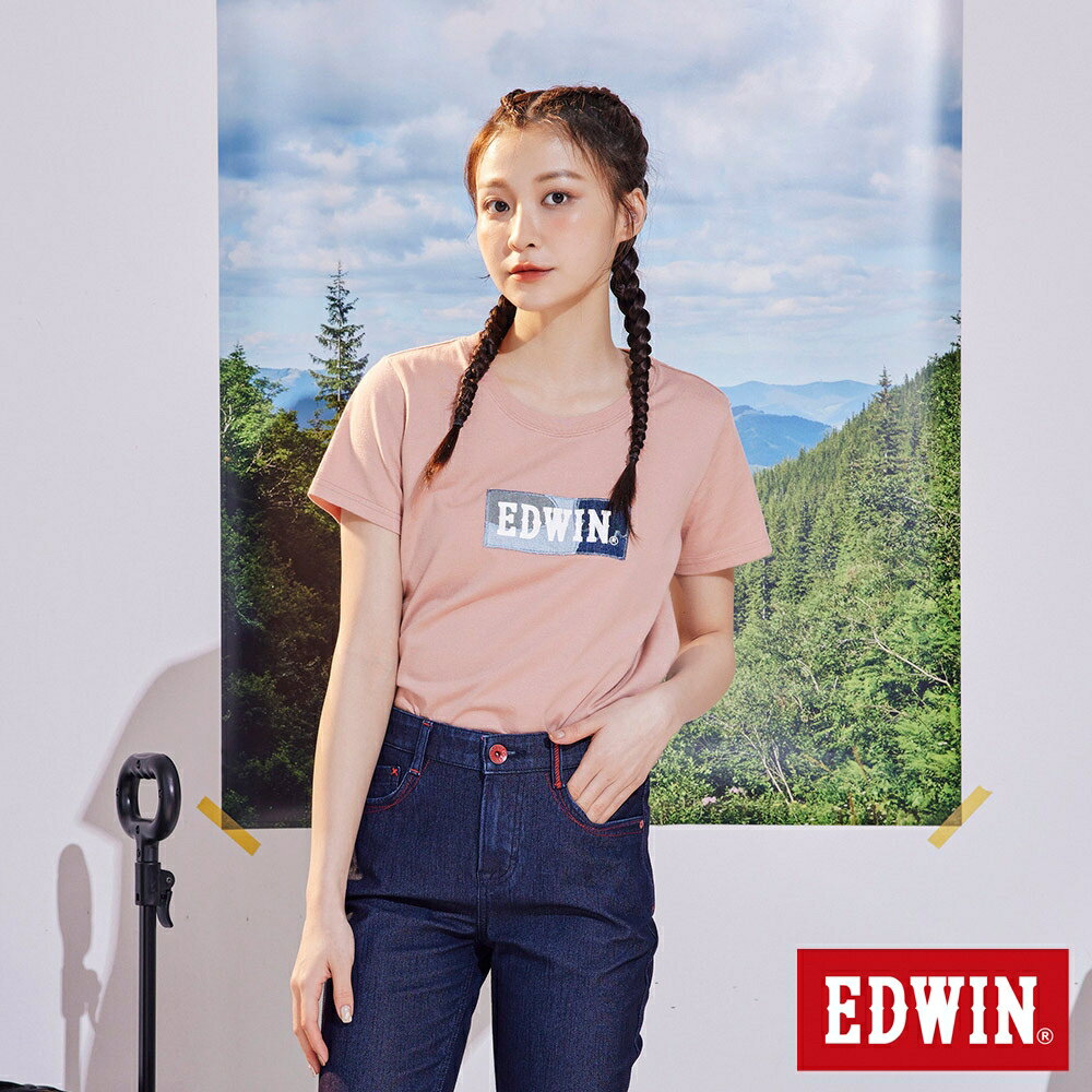 EDWIN 再生系列 CORE拼布 BOX LOGO短袖T恤-女款 淡粉紅