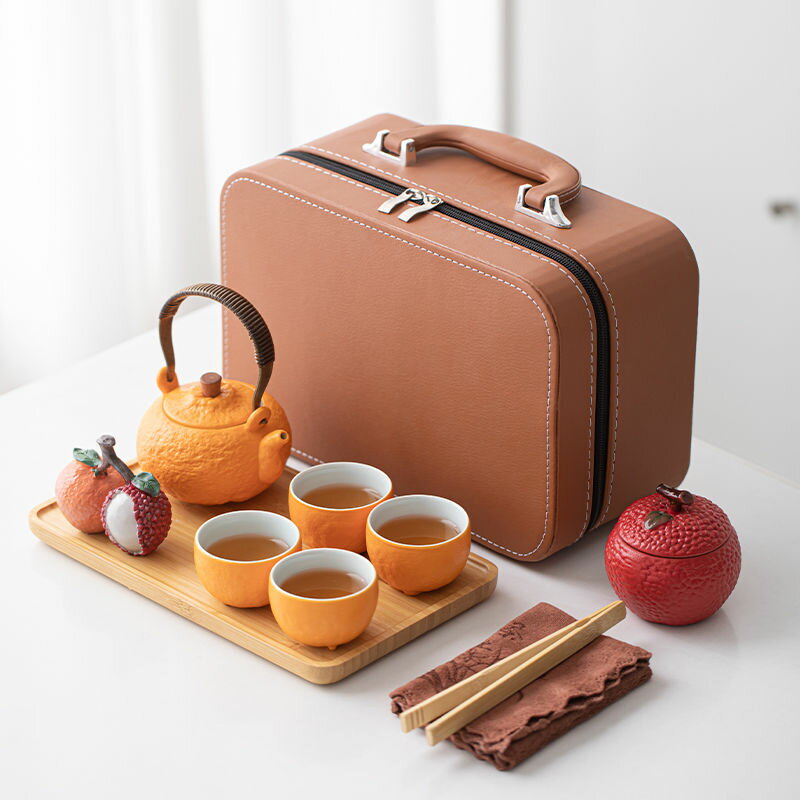 免運 茶壺 茶杯 旅行茶具 功夫茶具 泡茶壺 大橘大利戶外茶具小套裝家用辦公旅行功夫提梁泡茶壺茶杯禮品定制 八折下殺 特價出 可開發票
