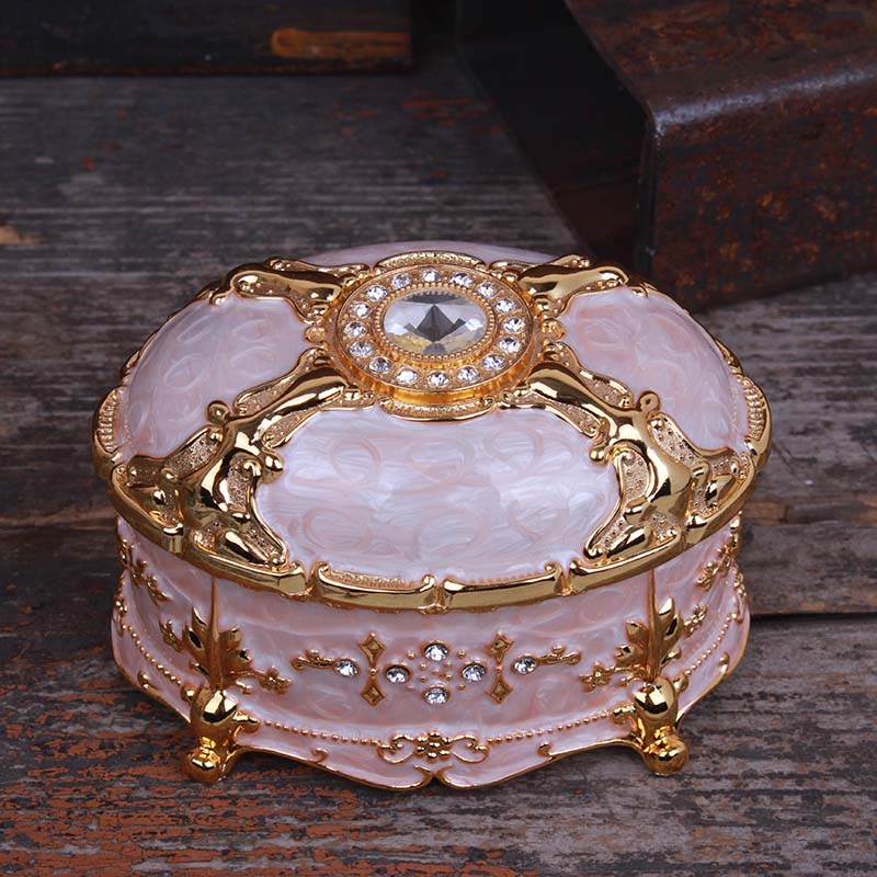 復古典珠寶首飾盒手鏈項鏈戒指歐式合金屬彩繪鑲嵌水鉆琺瑯飾品盒