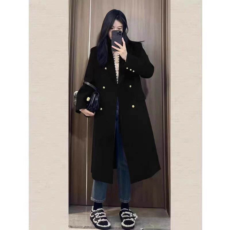 毛呢外套長版大衣-赫本風雙排金扣修身女外套2色74hq7【獨家進口】【米蘭精品】