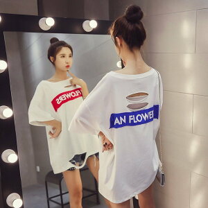 FINDSENSE G5 韓國時尚 中長款 大尺碼 寬鬆 中袖 T恤 破洞 貼佈 上衣