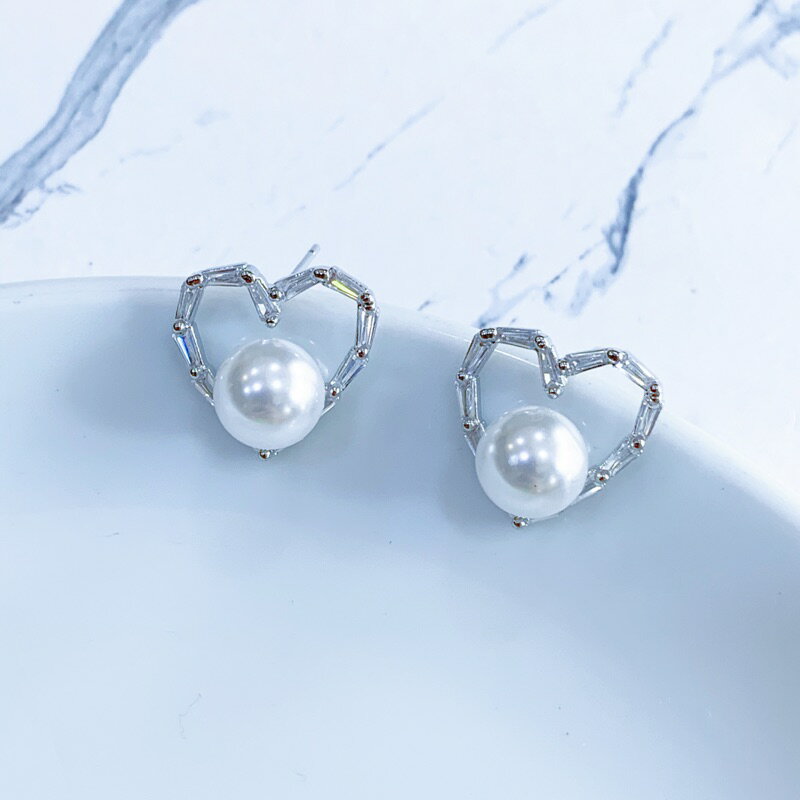 【S.One】耳環-S925銀針 鋯石愛心珍珠耳環