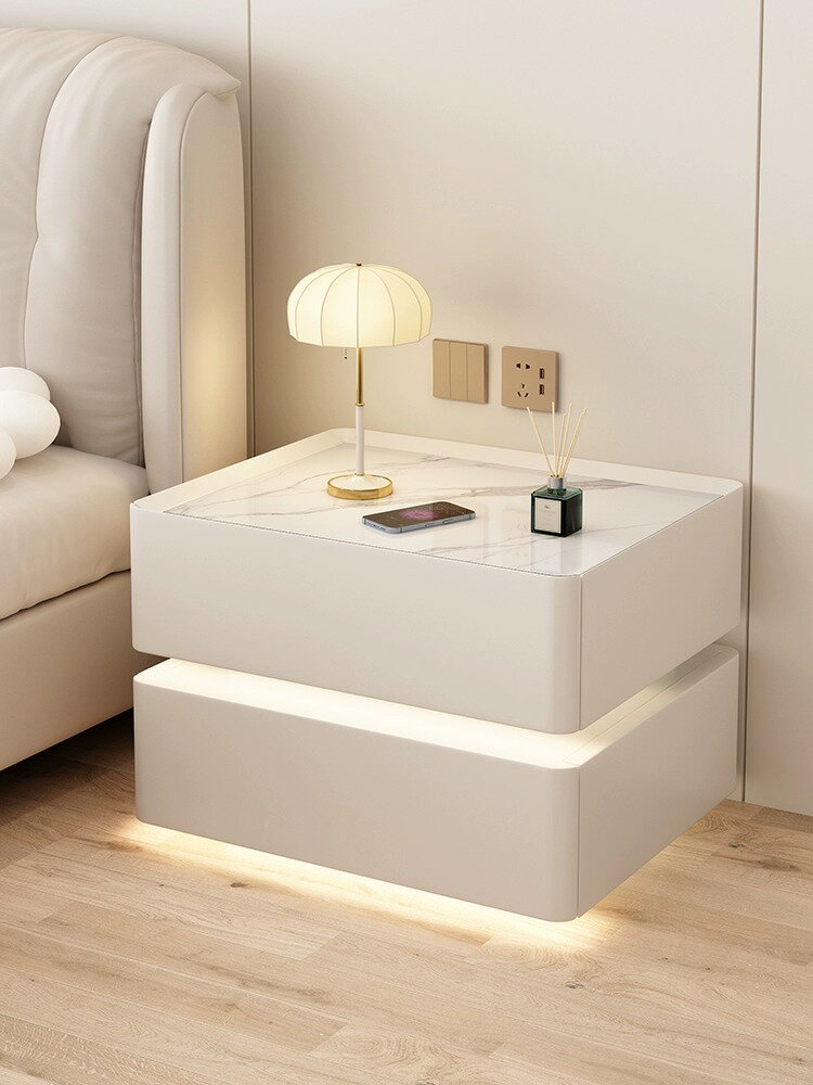 奶油風懸浮實木智能床頭柜簡約現代巖板臥室2023新款輕奢床邊柜子