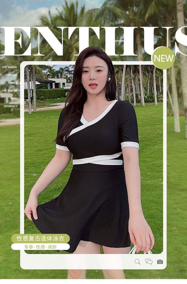 有大碼微胖女孩顯瘦遮肉黑色溫泉泳裝