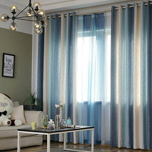 地中海窗簾成品現代簡約輕奢條紋棉麻北歐遮光布臥室客廳飄窗紗簾 【麥田印象】