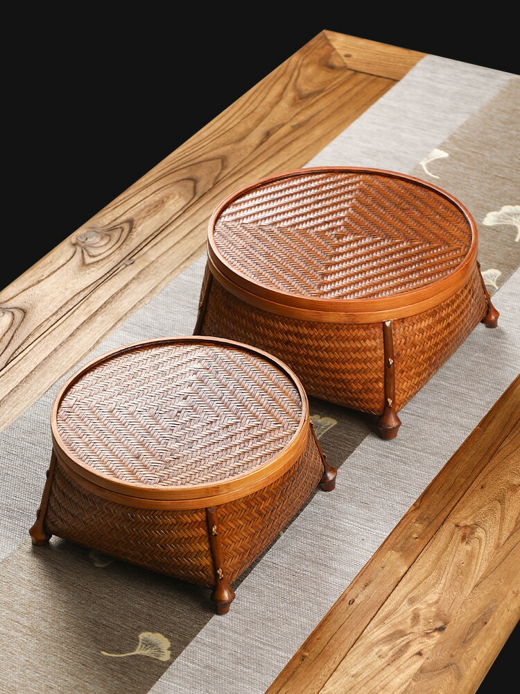 手工竹編大漆茶具收納盒 家用帶蓋收納筐 日式大漆托盤竹筐水果籃