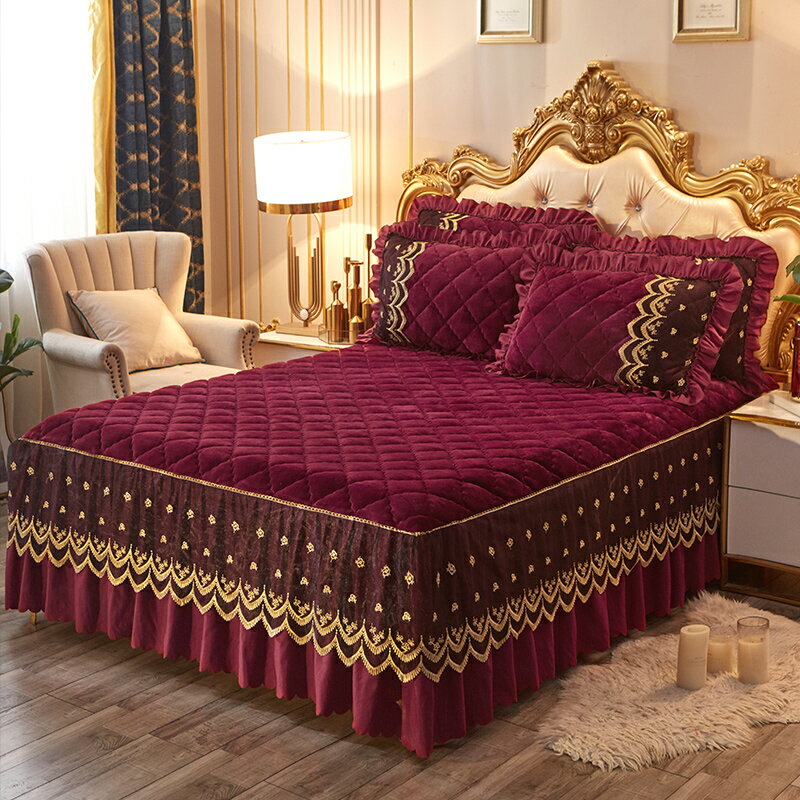 夾棉床裙法蘭絨單件床罩珊瑚絨水晶絨床套蕾絲花邊床單床套床笠2m