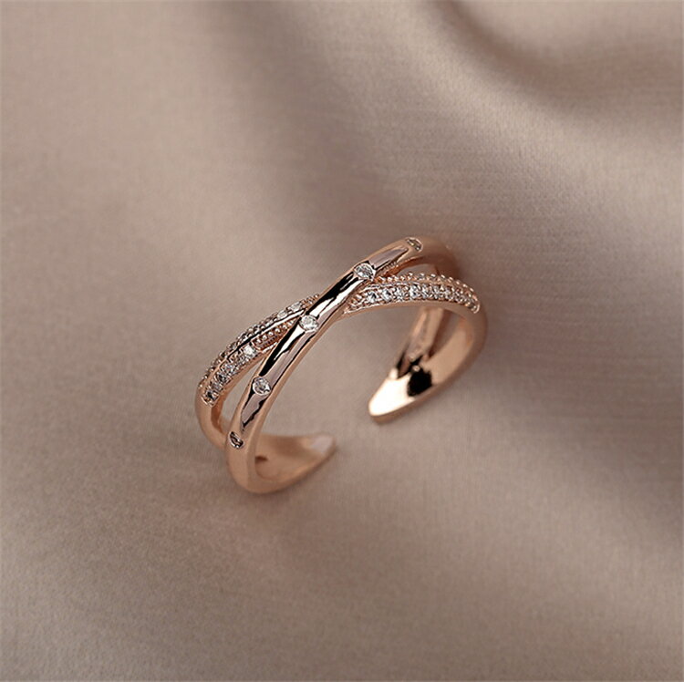 簡約交叉鋯石食指戒指女ins潮網紅時尚個性可調節微鑲玫瑰金指環