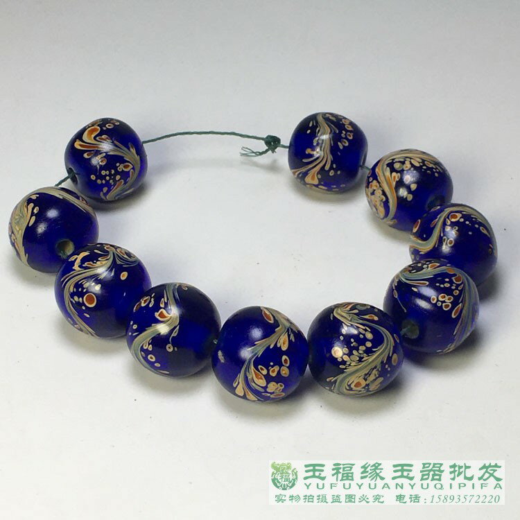 男性に人気！ 民國老琉璃珠子古法手工透亮藍鳳凰圖案老琉璃珠20mm金星鳳尾| 協 とんぼ玉