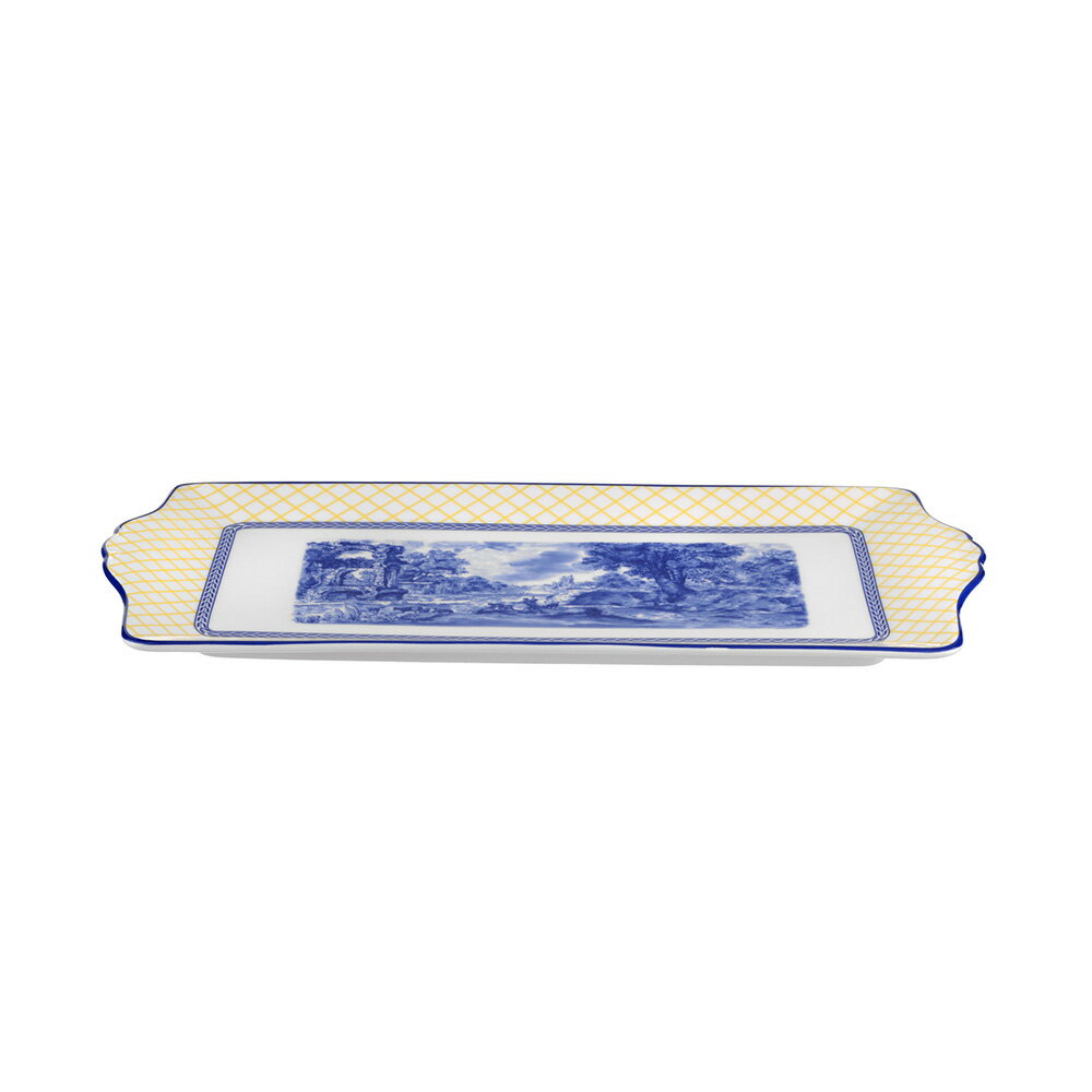 英國Spode-Blue Italian 典藏義大利藍系列(200週年Giallo網格紀念款)-33cm三明治長盤-附原裝彩盒