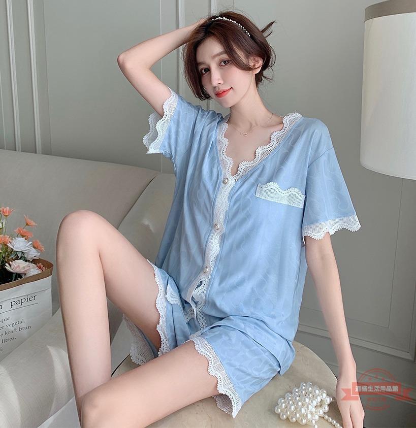 2022年睡衣女韓版性感蕾絲花邊宮廷風提花短袖氣質甜美家居服套裝