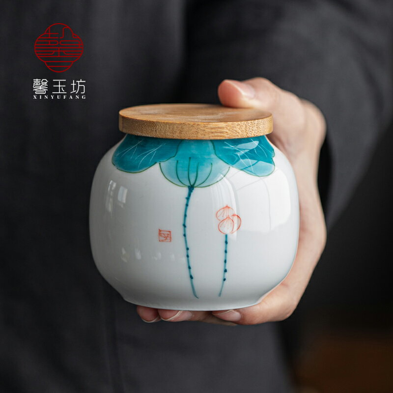 竹蓋手繪茶葉罐陶瓷小號密封儲茶罐釉下彩便攜茶倉防潮罐子