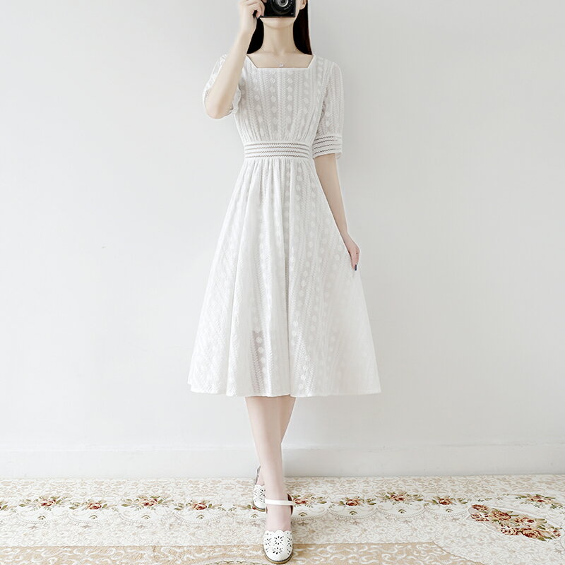 年夏季新款時尚氣質中長款收腰顯瘦氣質蕾絲白色連衣裙子女