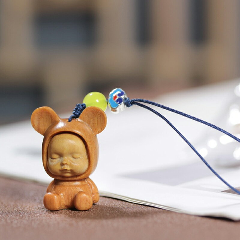 芭比檀香木創意可愛睡寶寶手機鏈包包掛件原木汽車鑰匙扣掛飾禮品