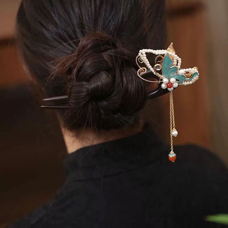 u型流蘇發簪配馬面裙雙面燒藍蝴蝶檀木簪子女古風高級感旗袍頭飾 z8093