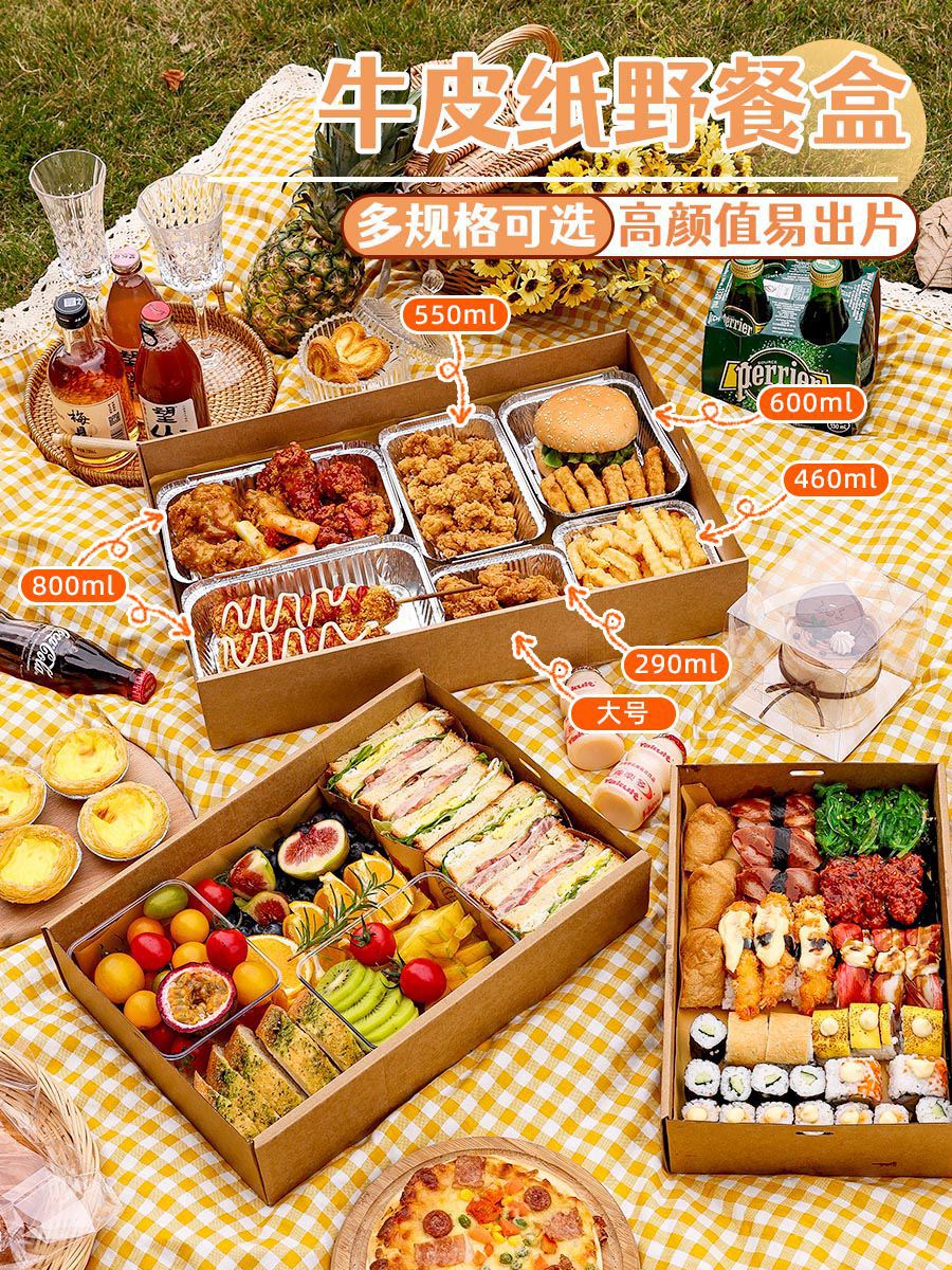 楓林宜居 春游野餐盒水果包裝盒便當盒野餐一次性牛皮紙沙拉壽司露營餐盒甜