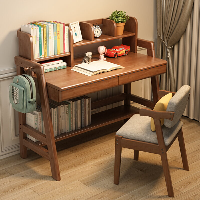 全實木書桌書架一體簡約現代家用臥室學習桌兒童桌椅小學生電腦桌