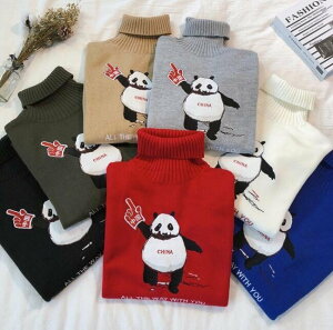 FINDSENSE品牌2018 新款 韓國 長袖 潮流上衣 高領 毛衣 毛線 熊貓 刺繡 針織衫
