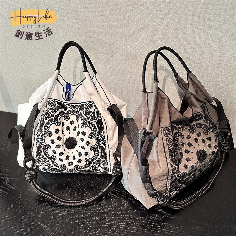 ball chain日系環保購物袋刺繡黑色腰果花尼龍手拎包手提袋尼龍包 c7071