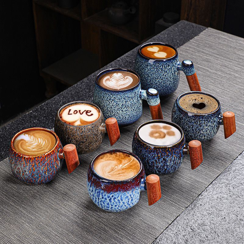 工廠直銷 特惠 免運 杯子 陶瓷杯 馬克杯 咖啡杯 高檔家用杯 DIY 窯變陶瓷木把手馬克杯辦公室咖啡杯創意茶水杯個性家用牛奶杯特惠/開立發票 全館八折 快速出貨