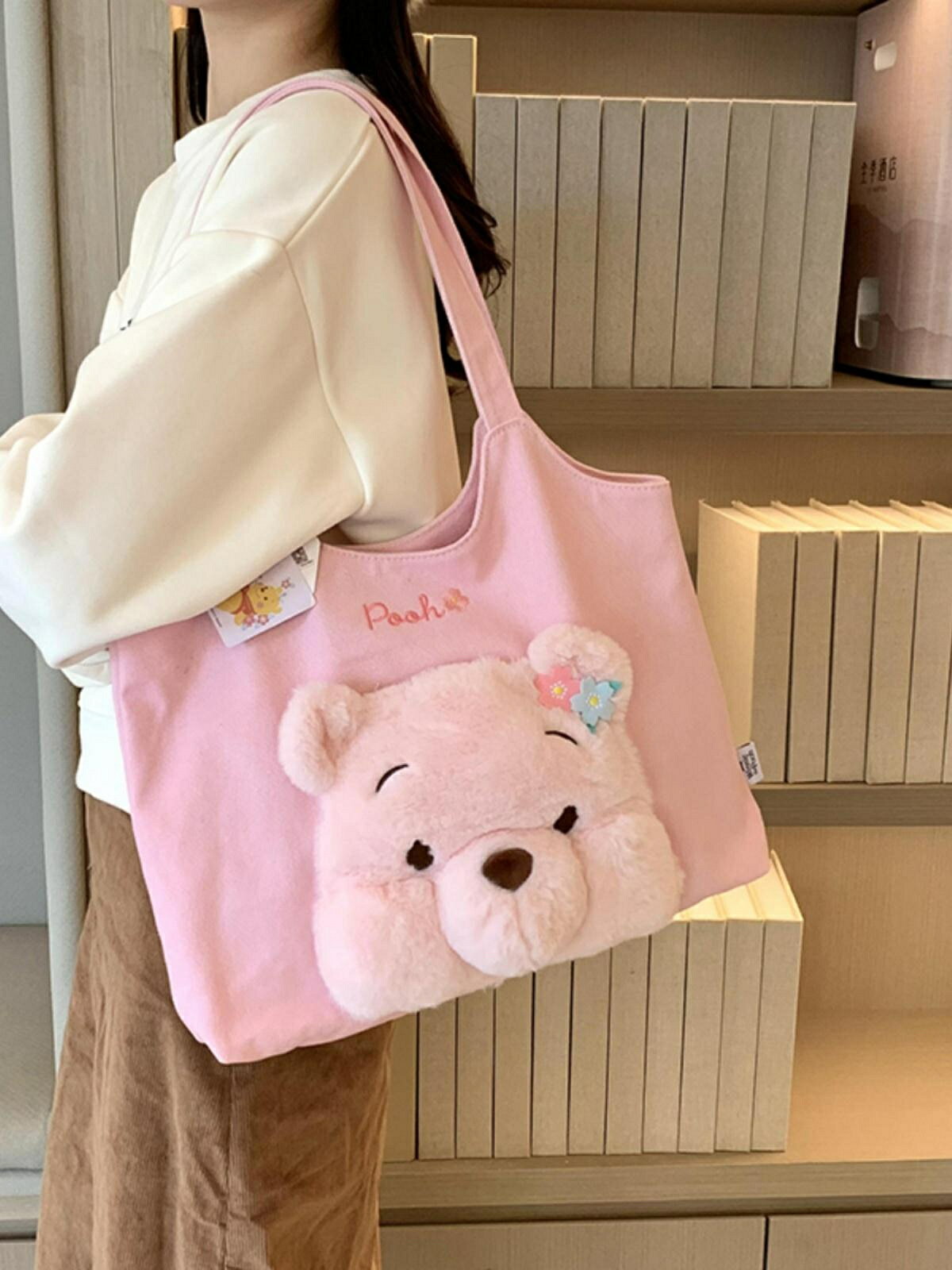 粉色維尼熊家居帆布袋女大容量四季手提包全棉刺繡購物袋女士包包（45cm以上的商品麻煩客人選擇宅配哦，謝謝）