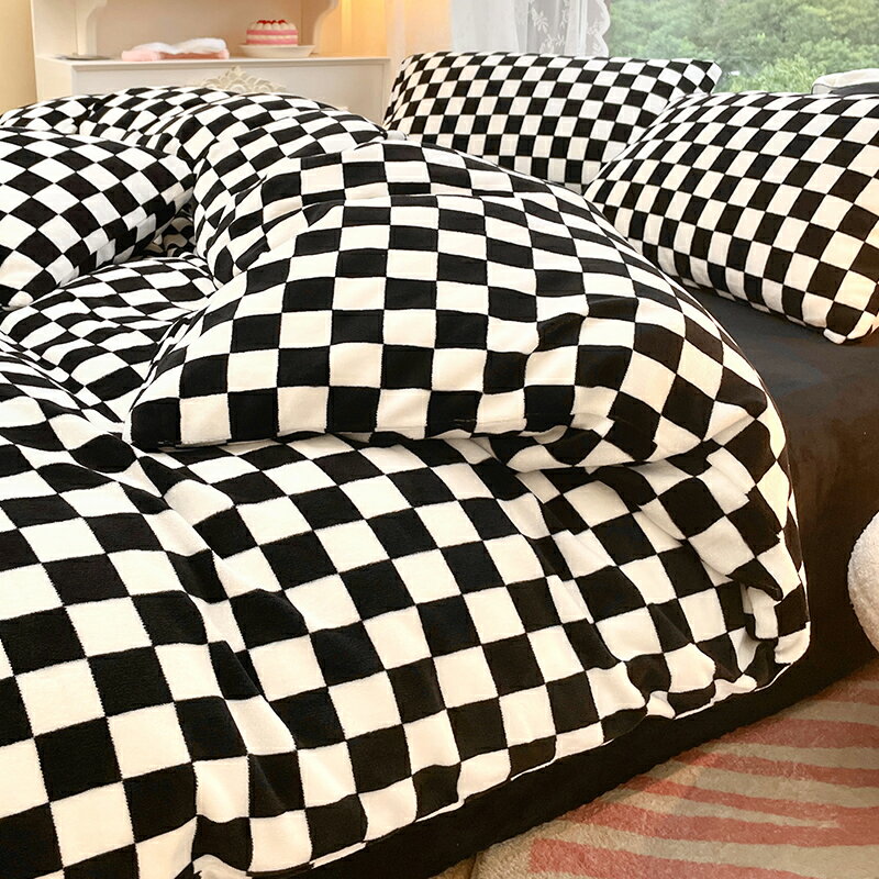 北歐黑白棋盤格牛奶絨床上四件套加厚雙面法蘭珊瑚絨冬季被套床單