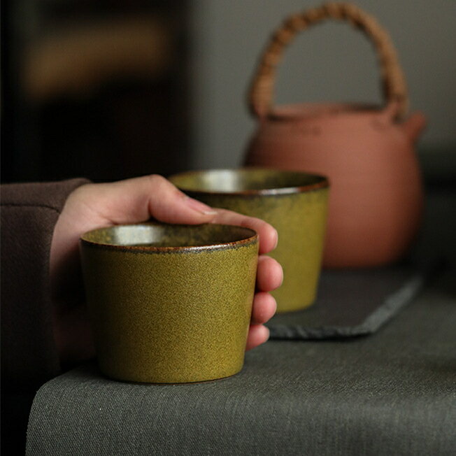 龍泉窯黃金茶葉末釉主人杯陶瓷綠茶葉末大杯品茗杯直口缸杯茶杯