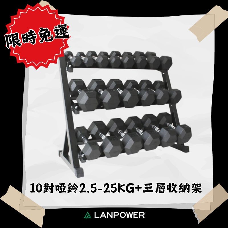 【LANPOWER】限時免運組2.5-25KG十對啞鈴+三層型啞鈴架 啞鈴架 收納架 放置架 啞鈴優惠 重訓 居家健身