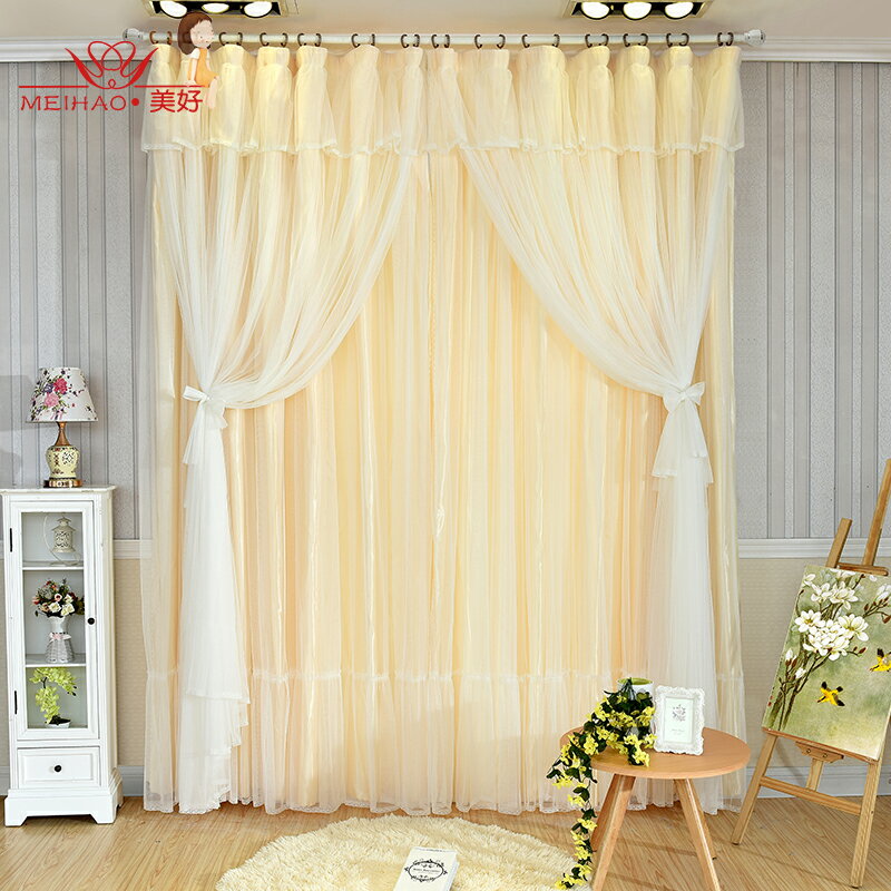 韓式公主風夢幻女生臥室定制半遮光蕾絲雙層少女心成品落地窗窗簾