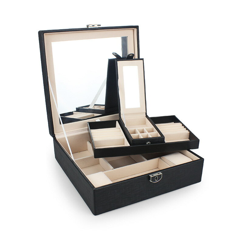 可分離家用大容量首飾盒防塵飾品收納盒隔水PU皮珠寶盒帶化妝鏡