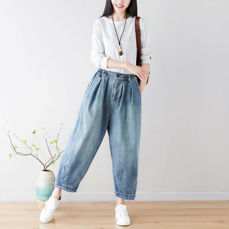 【巴黎精品】牛仔褲休閒長褲-做舊水洗棉闊腿燈籠褲女褲子a1ir51
