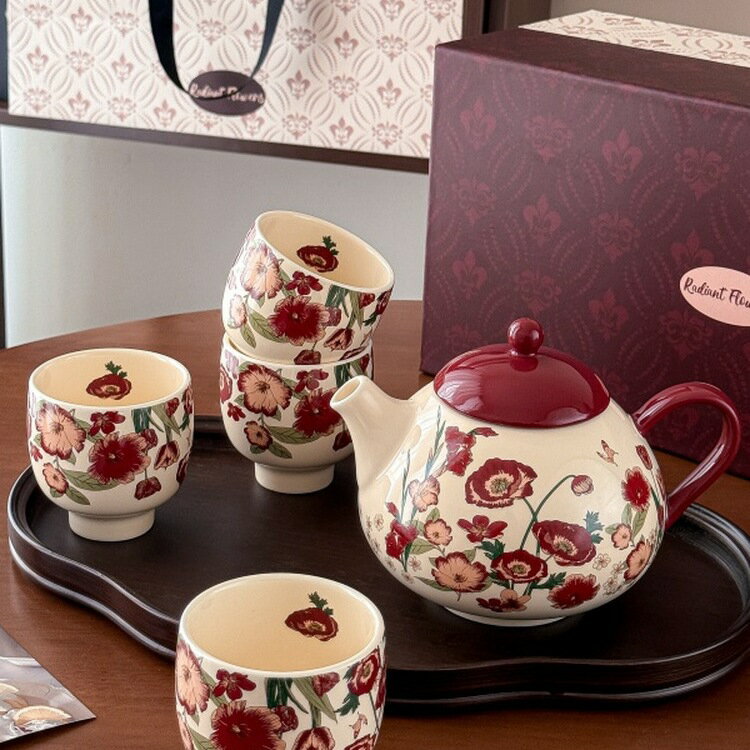 紅絲絨中古風茶壺杯子套裝禮盒喬遷花茶具送新人禮物2025新款