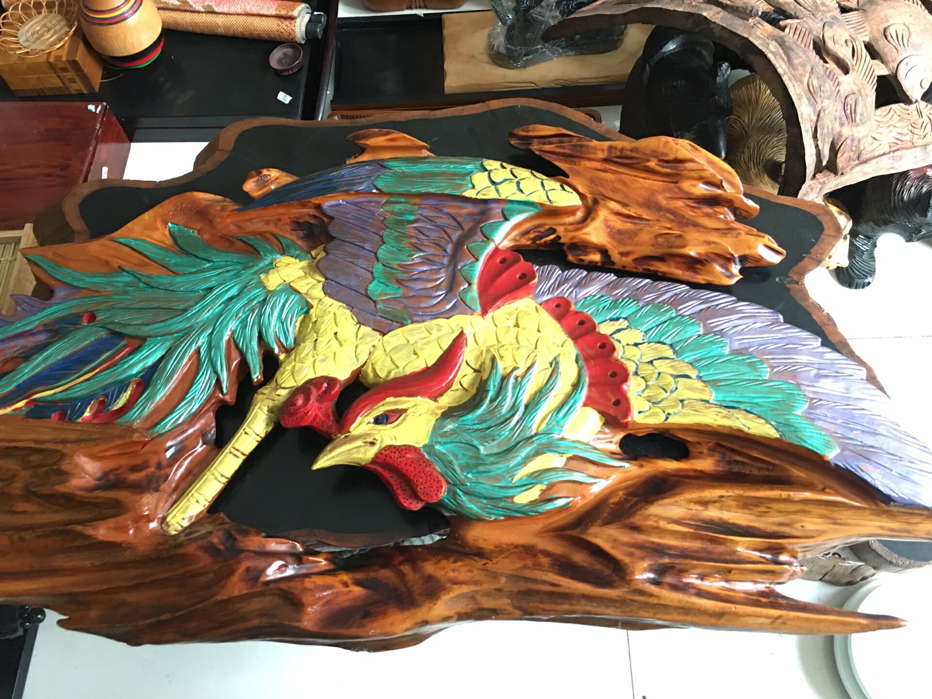 日本回流木雕擺飾，大木板彩繪鳳凰，整板隨形手工雕刻，寓意吉祥