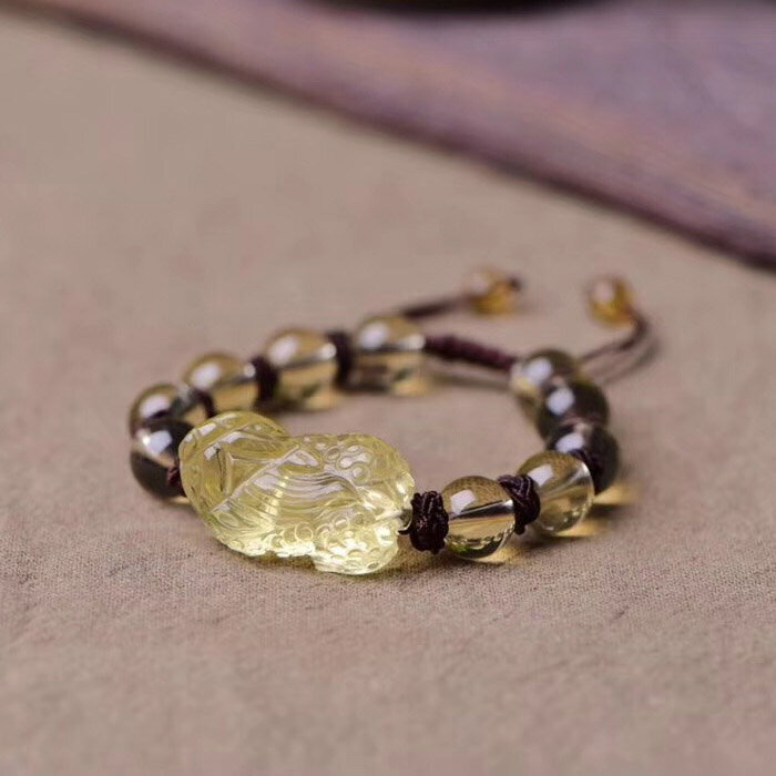 開光 天然黃水晶貔貅手鏈 手工繩編織黃水晶皮丘手串 男女款