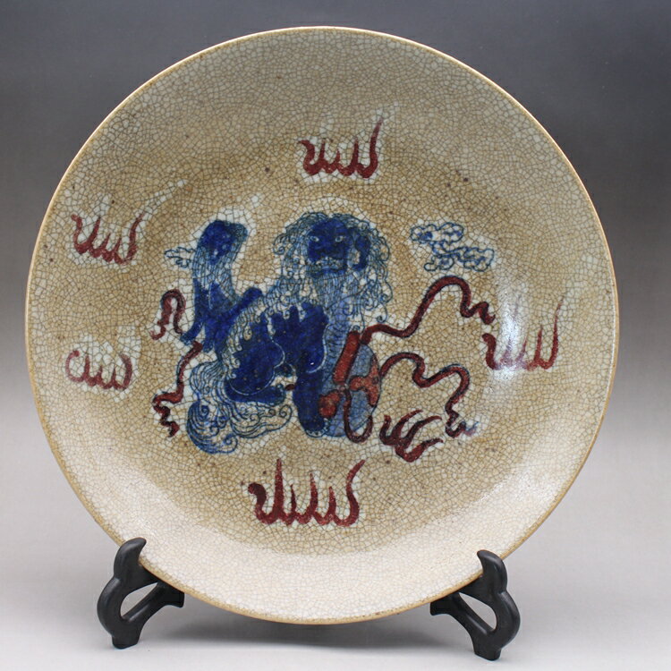 晚清哥窯釉裂紋釉青花手繪獅子繡球盤古玩古董收藏仿古陶瓷器擺件