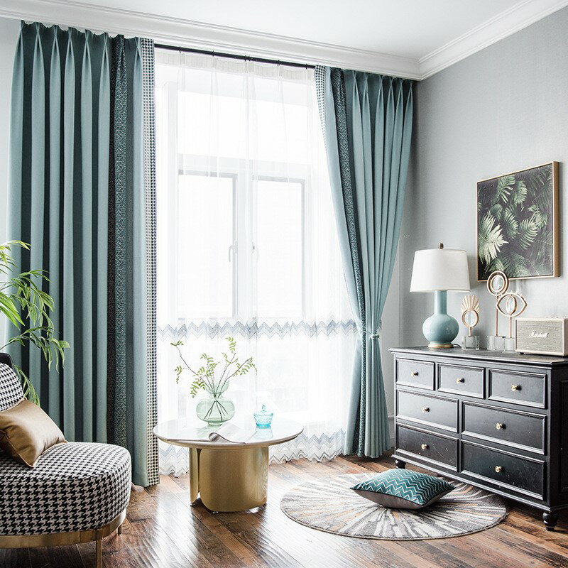 新款窗簾布仿亞麻拼接純色布料簡約遮光散剪千鳥格花邊 1