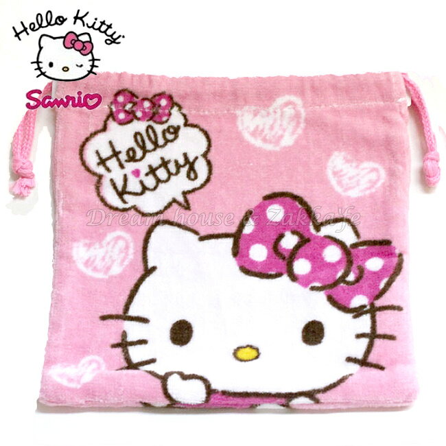 日本限定 Hello Kitty 粉紅色 毛巾布 束口袋/小物袋 《 當化妝包/雜物包/裝衛生棉/寶貝外出奶嘴零食 都適合喔 》 ★ Zakka'fe ★